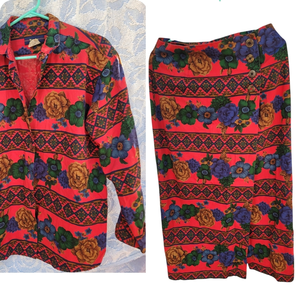 Vintage 80s Breeches Floral Skirt Top Set Women's 10 Retro Abstract